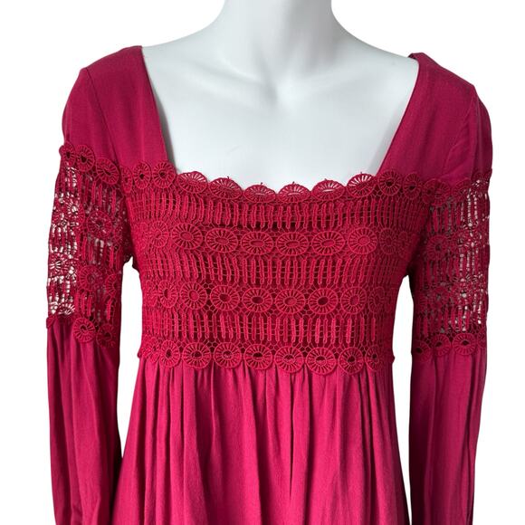 Anthropologie Whimsigoth Raspberry Red Crochet Lace Dress Sz 2 Lined Long Sleeve - Picture 2 of 16